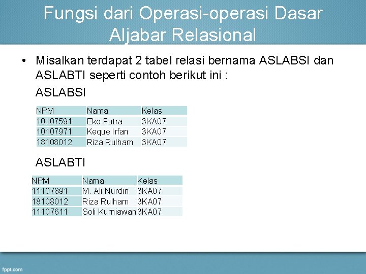 Fungsi dari Operasi-operasi Dasar Aljabar Relasional • Misalkan terdapat 2 tabel relasi bernama ASLABSI