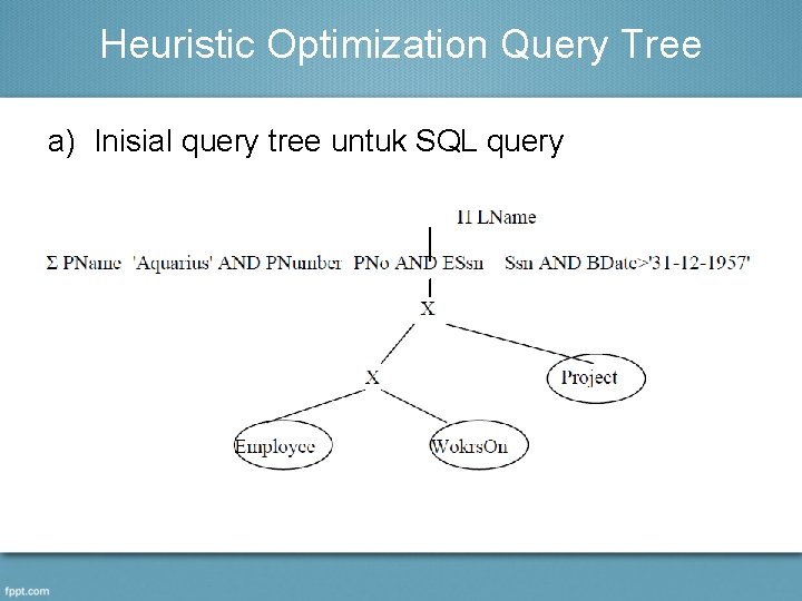 Heuristic Optimization Query Tree a) Inisial query tree untuk SQL query 