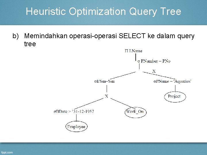 Heuristic Optimization Query Tree b) Memindahkan operasi-operasi SELECT ke dalam query tree 