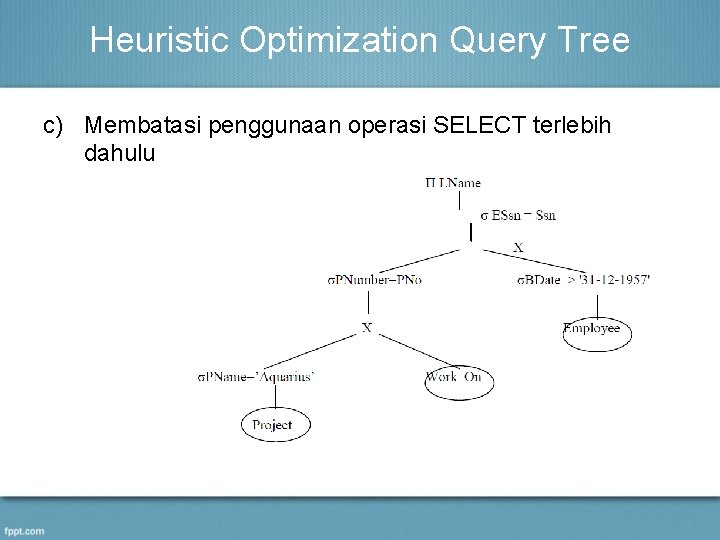 Heuristic Optimization Query Tree c) Membatasi penggunaan operasi SELECT terlebih dahulu 