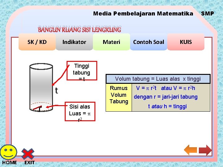 Media Pembelajaran Matematika BANGUN RUANG SISI LENGKUNG SK / KD Indikator Tinggi tabung =t