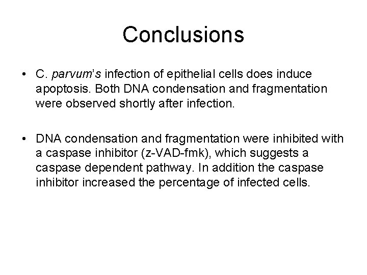 Conclusions • C. parvum’s infection of epithelial cells does induce apoptosis. Both DNA condensation