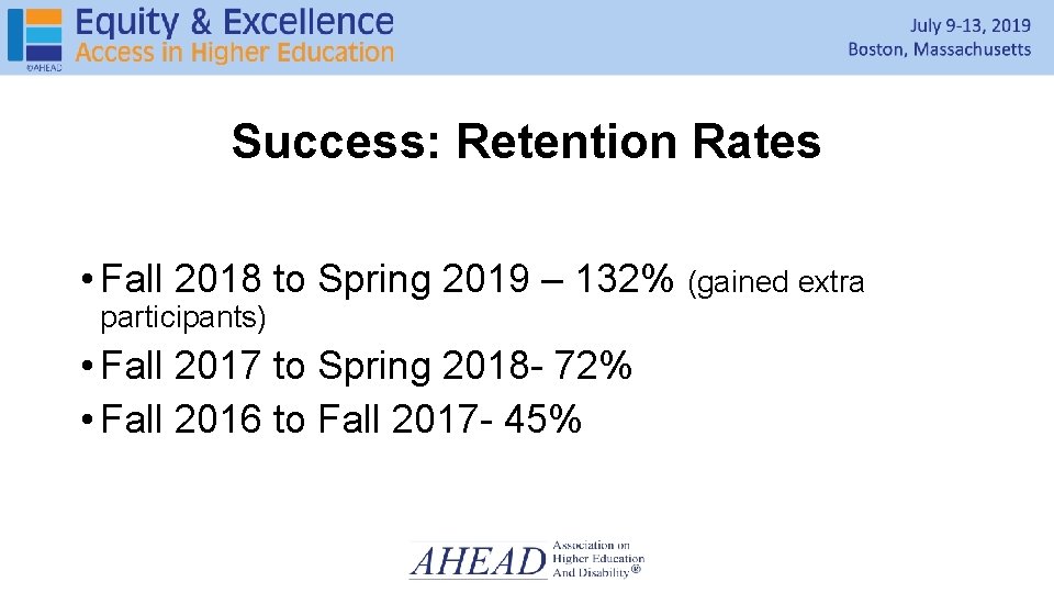 Success: Retention Rates • Fall 2018 to Spring 2019 – 132% (gained extra participants)