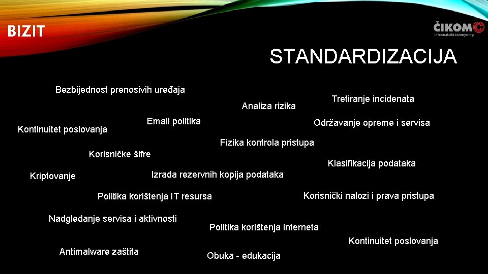 STANDARDIZACIJA Bezbijednost prenosivih uređaja Tretiranje incidenata Analiza rizika Kontinuitet poslovanja Email politika Održavanje opreme