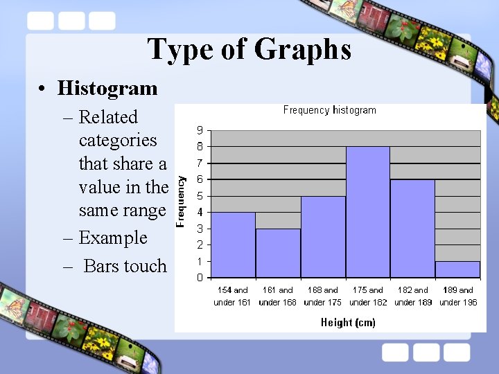 Type of Graphs • Histogram – Related categories that share a value in the