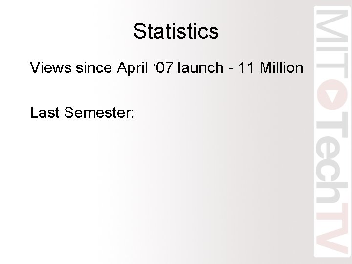 Statistics Views since April ‘ 07 launch - 11 Million Last Semester: 