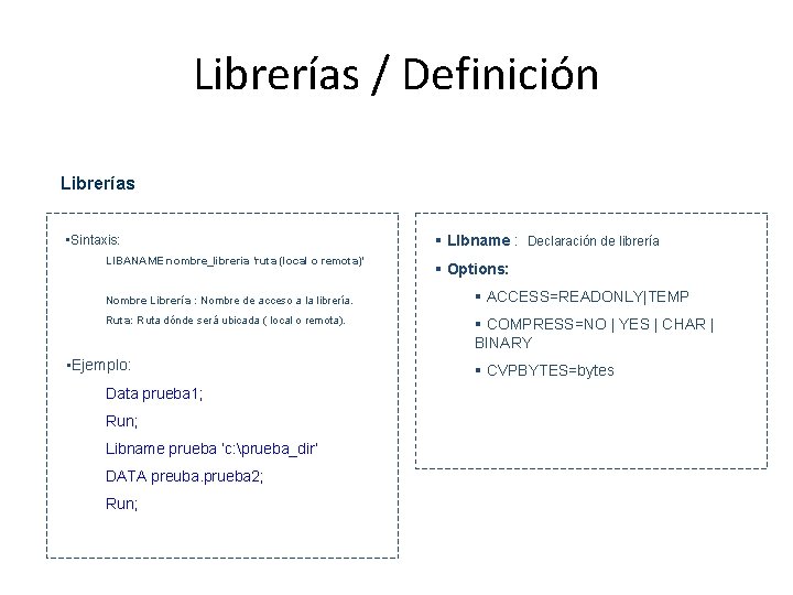 Librerías / Definición Librerías • Sintaxis: LIBANAME nombre_libreria ‘ruta (local o remota)’ Nombre Librería