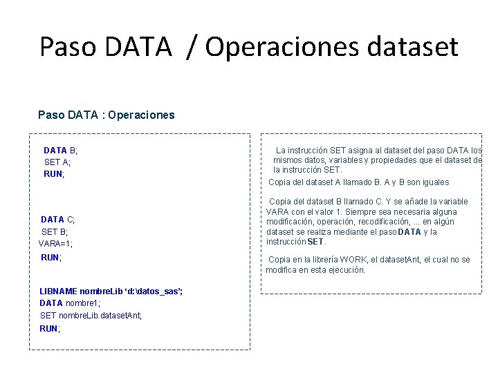 Paso DATA / Operaciones dataset Paso DATA : Operaciones • DATA B; • SET