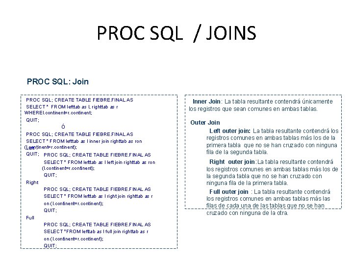 PROC SQL / JOINS PROC SQL: Join • PROC SQL; CREATE TABLE FIEBRE. FINAL