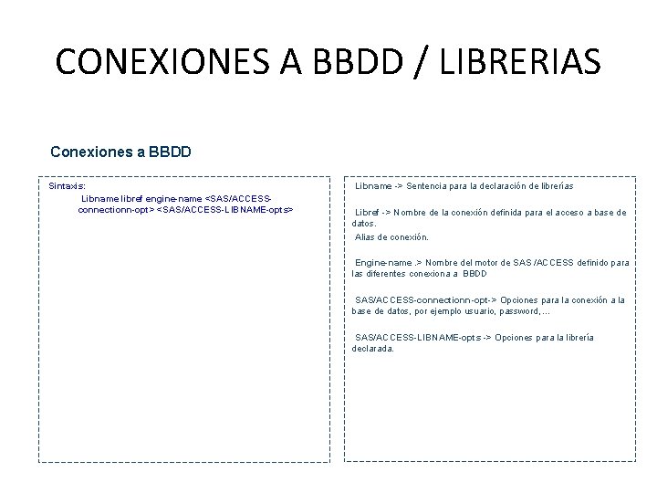 CONEXIONES A BBDD / LIBRERIAS Conexiones a BBDD • Sintaxis: • Libname libref engine-name