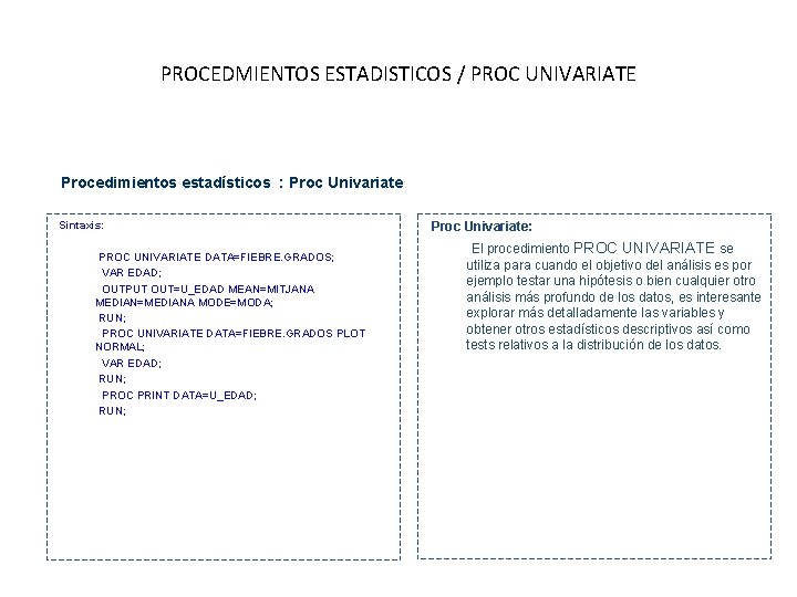 PROCEDMIENTOS ESTADISTICOS / PROC UNIVARIATE Procedimientos estadísticos : Proc Univariate • Sintaxis: • PROC