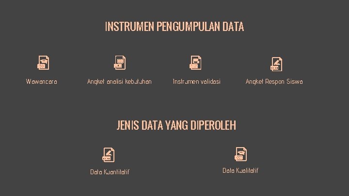 INSTRUMEN PENGUMPULAN DATA Wawancara Angket analisi kebutuhan Angket Respon Siswa Instrumen validasi JENIS DATA