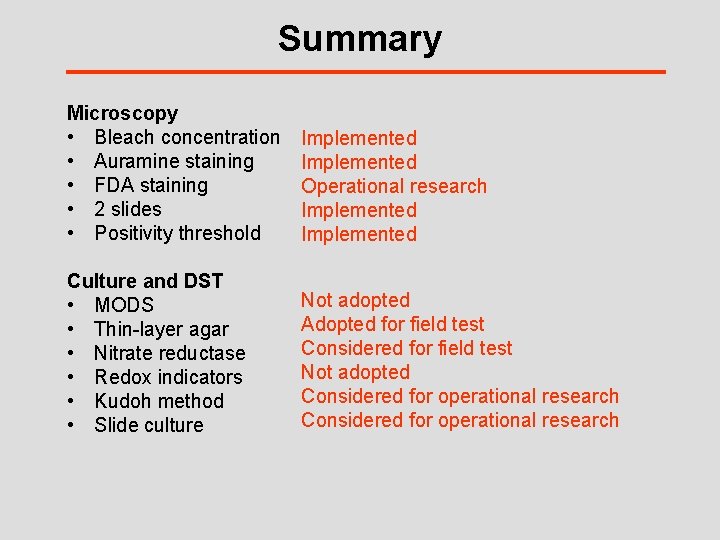 Summary Microscopy • Bleach concentration • Auramine staining • FDA staining • 2 slides