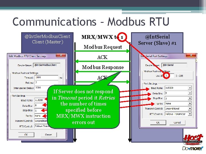 Communications – Modbus RTU @Int. Ser. Modbus. Client (Master) MRX/MWX to 1 Modbus Request