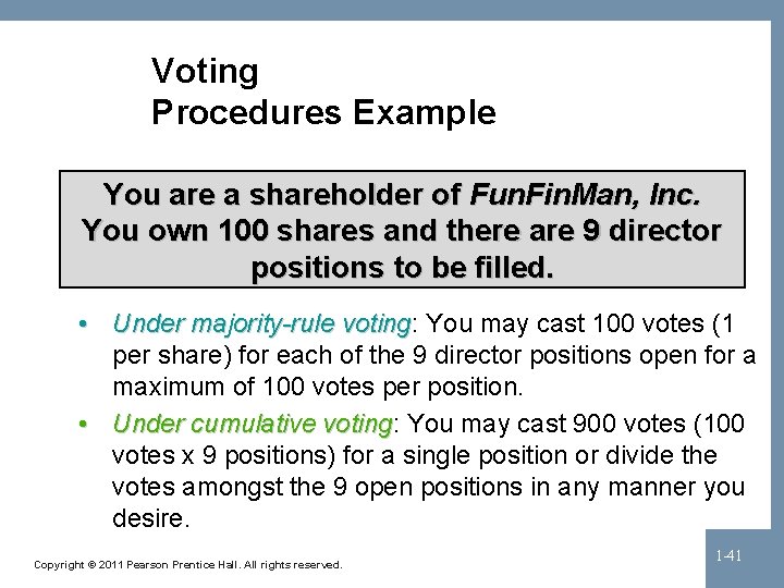 Voting Procedures Example You are a shareholder of Fun. Fin. Man, Inc. You own