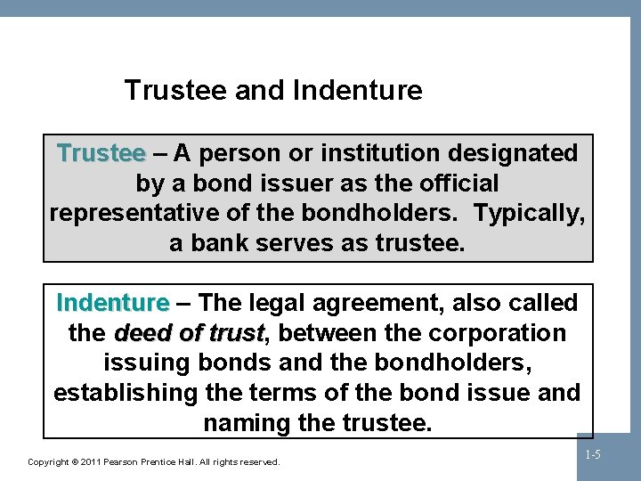 Trustee and Indenture Trustee – A person or institution designated by a bond issuer