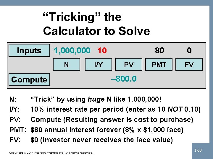 “Tricking” the Calculator to Solve Inputs 1, 000 10 N Compute N: I/Y: PV: