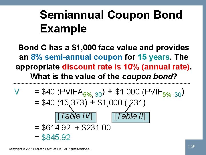 Semiannual Coupon Bond Example Bond C has a $1, 000 face value and provides
