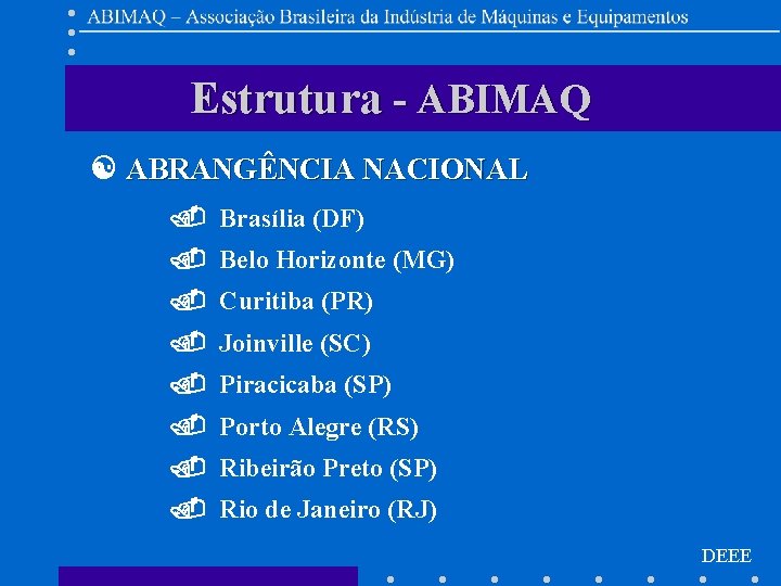 Estrutura - ABIMAQ ABRANGÊNCIA NACIONAL Brasília (DF) Belo Horizonte (MG) Curitiba (PR) Joinville (SC)