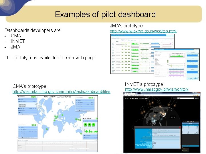 Examples of pilot dashboard Dashboards developers are - CMA - INMET - JMA’s prototype