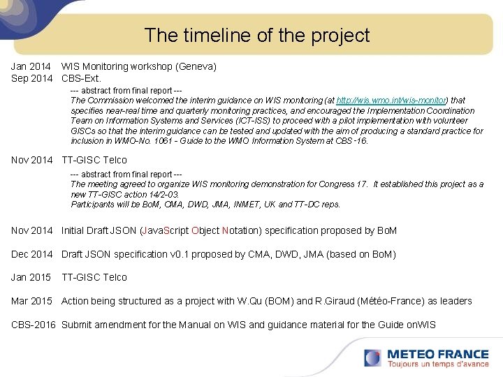 The timeline of the project Jan 2014 WIS Monitoring workshop (Geneva) Sep 2014 CBS-Ext.