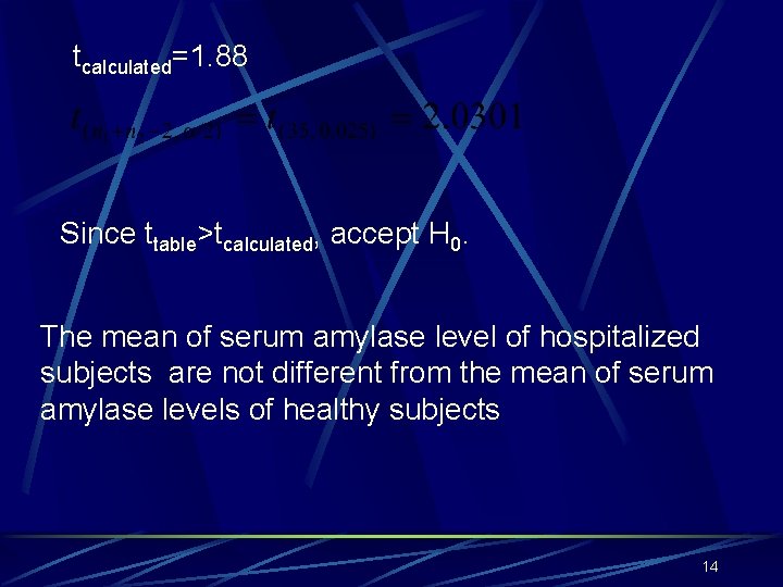 tcalculated=1. 88 Since ttable>tcalculated, accept H 0. The mean of serum amylase level of