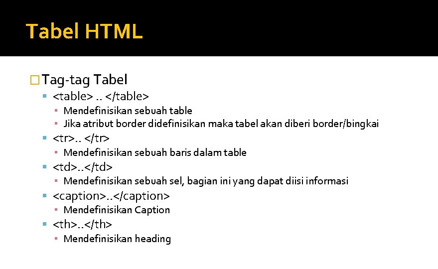 Tabel HTML �Tag-tag Tabel <table>. . </table> ▪ Mendefinisikan sebuah table ▪ Jika atribut