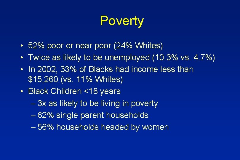 Poverty • 52% poor or near poor (24% Whites) • Twice as likely to