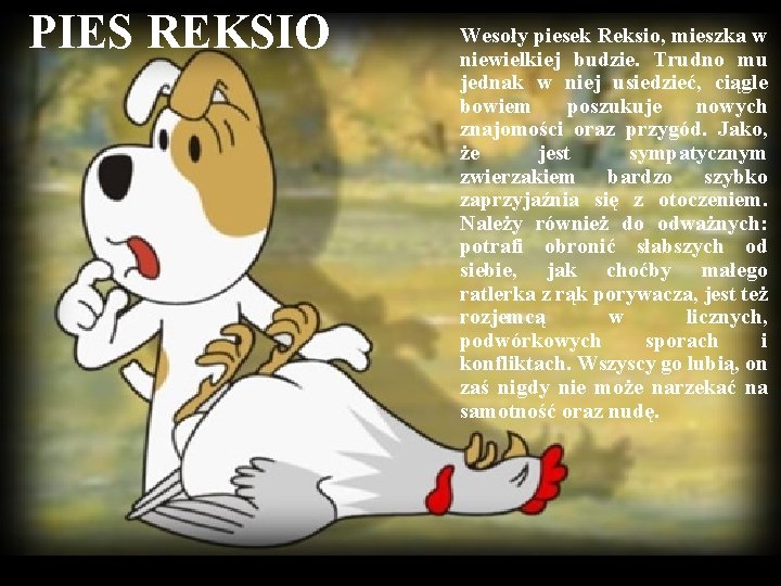 PIES REKSIO Wesoły piesek Reksio, mieszka w niewielkiej budzie. Trudno mu jednak w niej