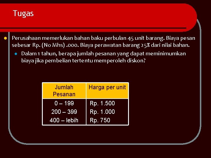 Tugas l Perusahaan memerlukan bahan baku perbulan 45 unit barang. Biaya pesan sebesar Rp.