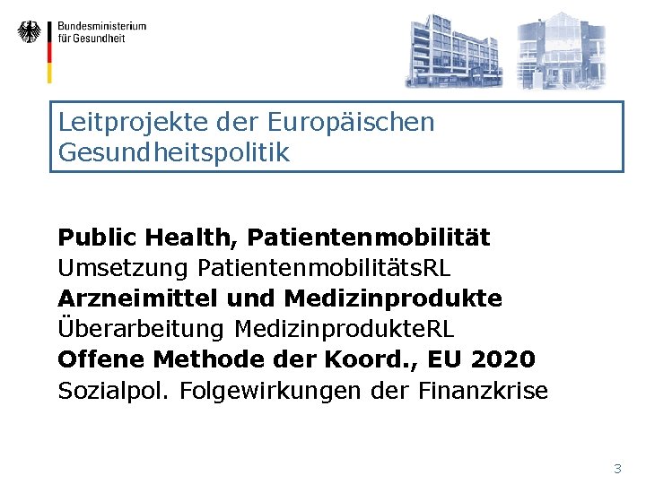 Leitprojekte der Europäischen Gesundheitspolitik Public Health, Patientenmobilität Umsetzung Patientenmobilitäts. RL Arzneimittel und Medizinprodukte Überarbeitung