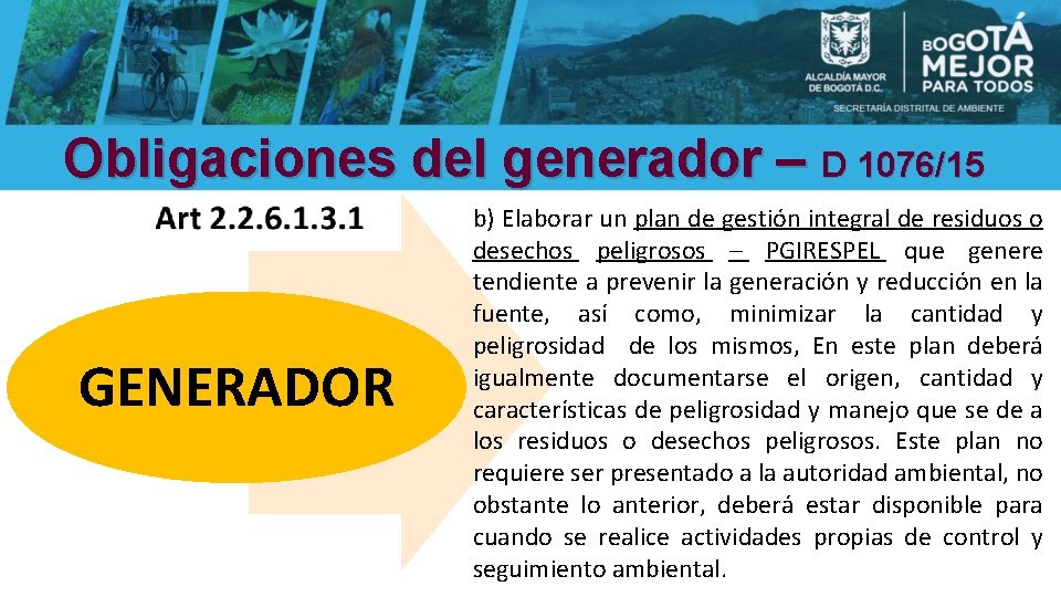 Obligaciones del generador – D 1076/15 GENERADOR b) Elaborar un plan de gestión integral