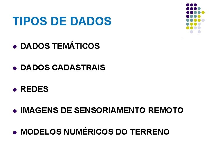 TIPOS DE DADOS l DADOS TEMÁTICOS l DADOS CADASTRAIS l REDES l IMAGENS DE