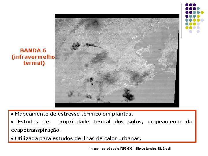 BANDA 6 (infravermelho termal) • Mapeamento de estresse térmico em plantas. • Estudos de