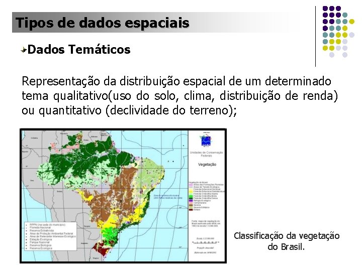 Tipos de dados espaciais Dados Temáticos Representação da distribuição espacial de um determinado tema