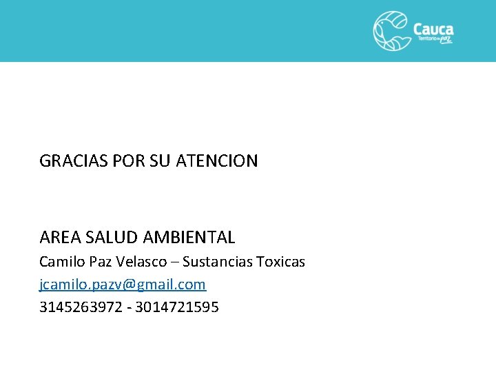 GRACIAS POR SU ATENCION AREA SALUD AMBIENTAL Camilo Paz Velasco – Sustancias Toxicas jcamilo.