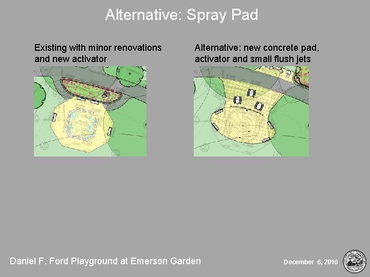 Alternative: Spray Pad Existing with minor renovations and new activator Alternative: new concrete pad,