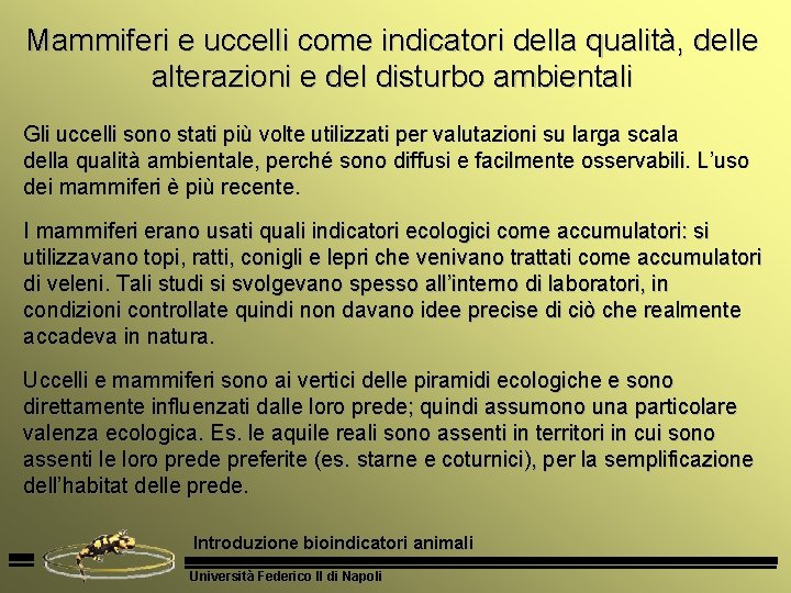 Mammiferi e uccelli come indicatori della qualità, delle alterazioni e del disturbo ambientali Gli