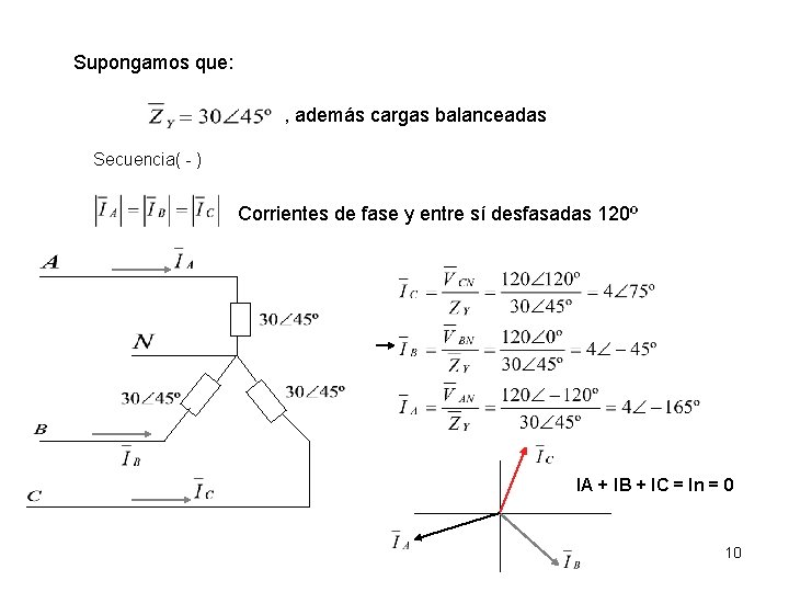 Supongamos que: , además cargas balanceadas Secuencia( - ) Corrientes de fase y entre