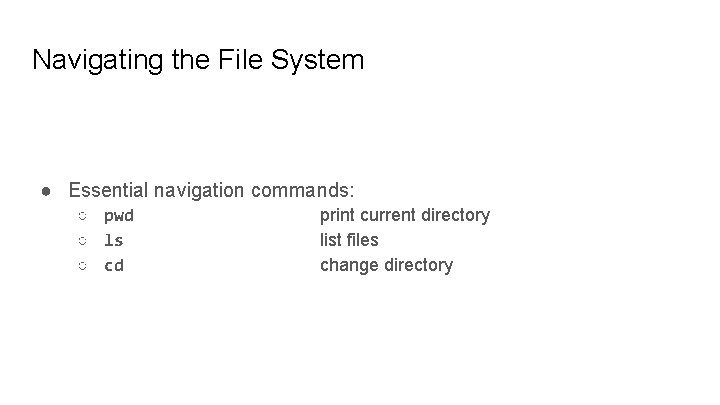 Navigating the File System ● Essential navigation commands: ○ pwd ○ ls ○ cd