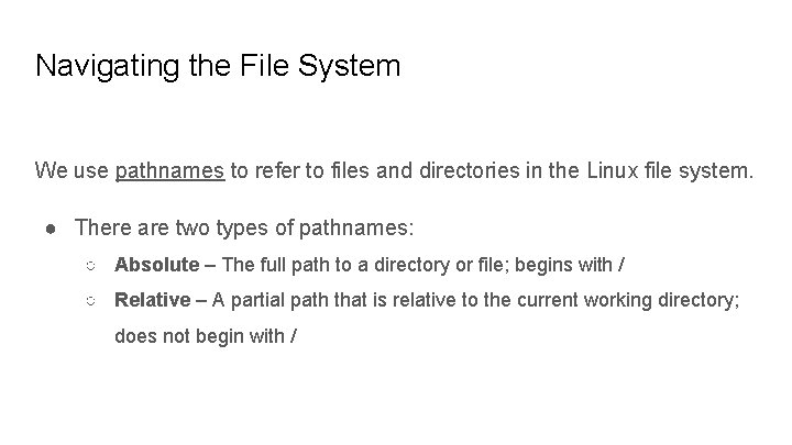 Navigating the File System We use pathnames to refer to files and directories in