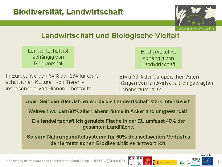 Biodiversität, Landwirtschaft und Biologische Vielfalt Landwirtschaft ist abhängig von Biodiversität In Europa werden 84%