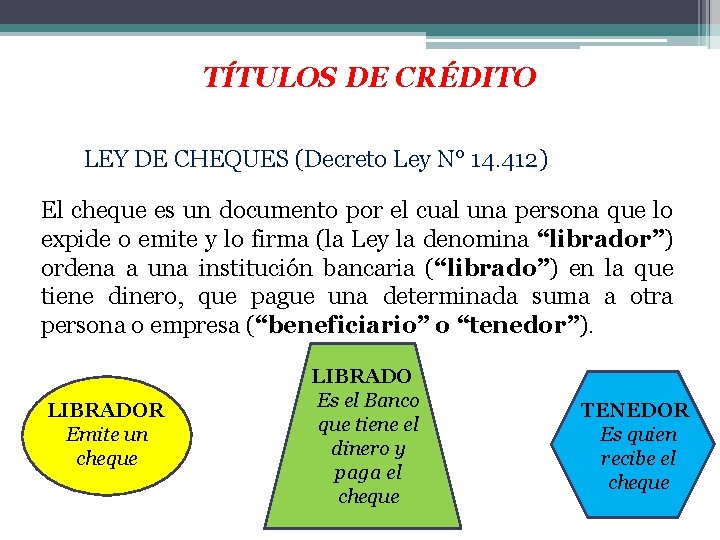 TÍTULOS DE CRÉDITO LEY DE CHEQUES (Decreto Ley N° 14. 412) El cheque es