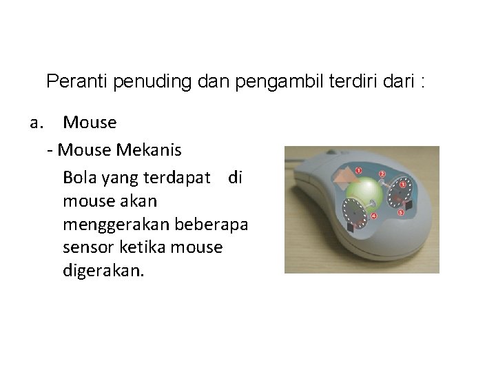 Peranti penuding dan pengambil terdiri dari : a. Mouse - Mouse Mekanis Bola yang