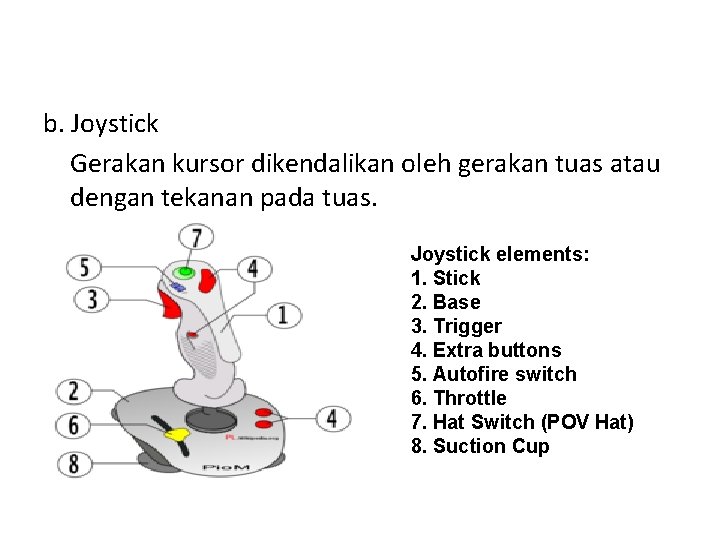 b. Joystick Gerakan kursor dikendalikan oleh gerakan tuas atau dengan tekanan pada tuas. Joystick