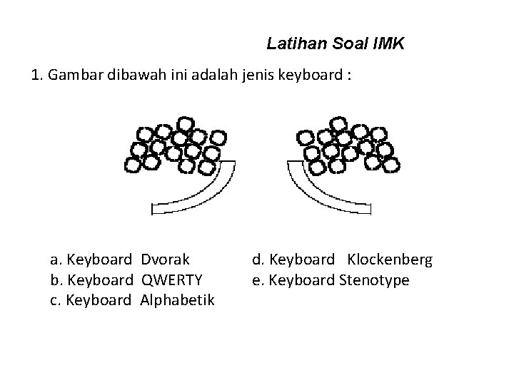 Latihan Soal IMK 1. Gambar dibawah ini adalah jenis keyboard : a. Keyboard Dvorak