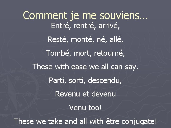 Comment je me souviens… Entré, rentré, arrivé, Resté, monté, né, allé, Tombé, mort, retourné,