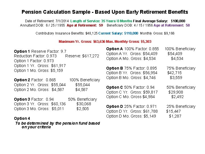 Pension Calculation Sample - Based Upon Early Retirement Benefits Date of Retirement: 7/1/2014 Length