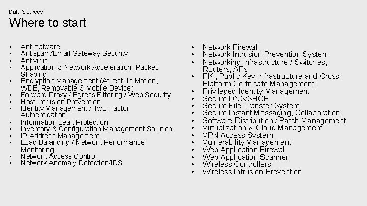 Data Sources Where to start • • • • Antimalware Antispam/Email Gateway Security Antivirus