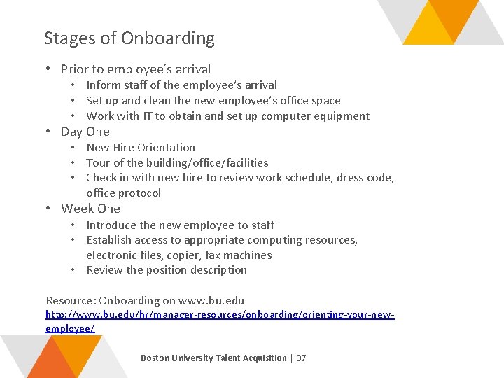 Stages of Onboarding • Prior to employee’s arrival • Inform staff of the employee’s